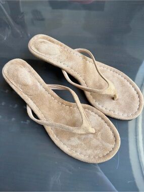 Beige Suede Thong Sandals